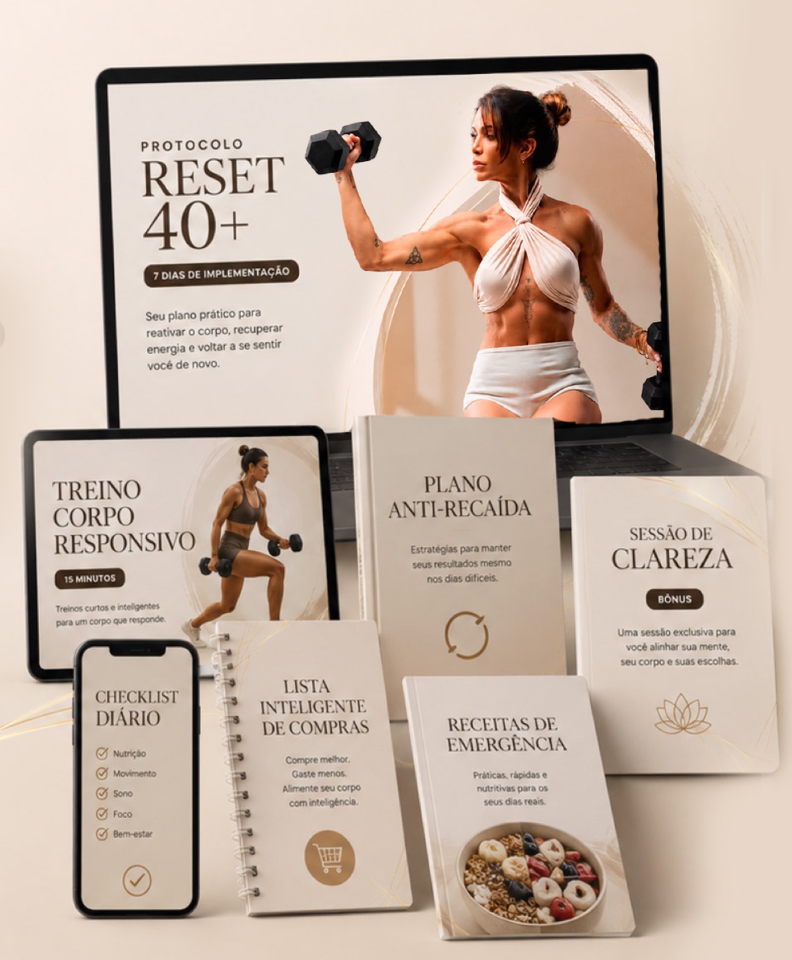 Mockup dos materiais e entregaveis do RESET 40+